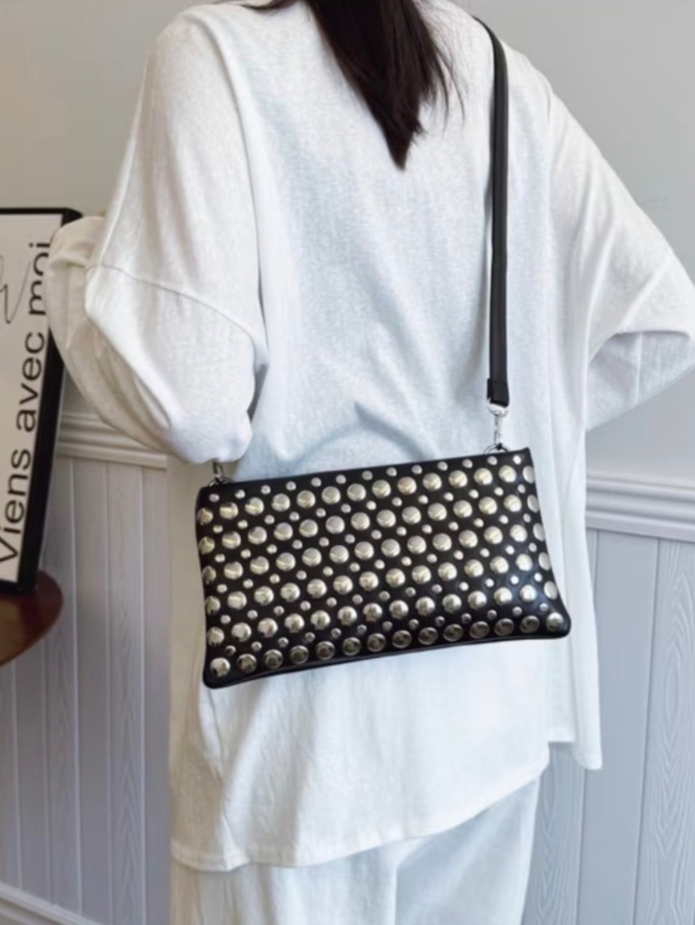 New -Chic -Fully Studded Faux Leather Crossbody/Shoulder Bag -Black
